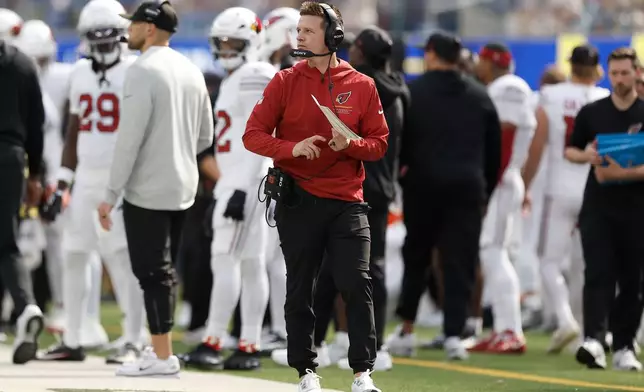 Arizona Cardinals head coach Mike LaFleur walks on the sideline during the first half of an NFL football game against the Arizona Cardinals in Inglewood, Calif., Sunday, Oct. 18, 2026. (AP Photo/Caroline Brehman)