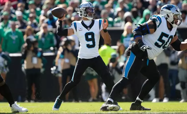 Carolina Panthers quarterback Bryce Young looks to pass during the first half of an NFL football game against the Philadelphia Eagles in Philadelphia, Sunday, Oct. 18, 2026. (AP Photo/Matt Slocum)