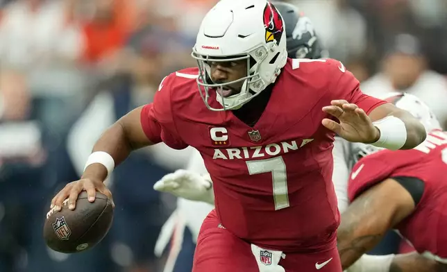 Arizona Cardinals quarterback Jacoby Brissett (7) scrambles against the Denver Broncos during the first quarter of an NFL football game in Glendale, Ariz., Sunday, Oct. 25, 2026. (AP Photo/Ross D. Franklin)