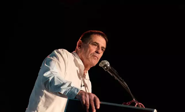 Yoav Segalovitz, a former police investigator running with the Ra'am party, speaks during a campaign event in Tel Aviv, Israel, ahead of the country's general election, Friday, Oct. 23, 2026. (AP Photo/David Goldman)