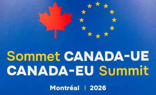 Signage for the Canada-EU summit, in Montreal, is seen on Thursday, Oct. 29, 2026. (Christopher Katsarov/The Canadian Press via AP)