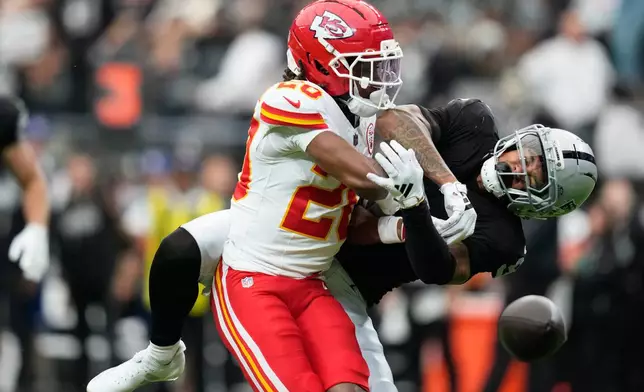 Las Vegas Raiders wide receiver Jalen Nailor, right, can't make a catch as Kansas City Chiefs cornerback Nohl Williams (20) defends during the first half of an NFL football game in Las Vegas, Sunday, Oct. 4, 2026. (AP Photo/John Locher)
