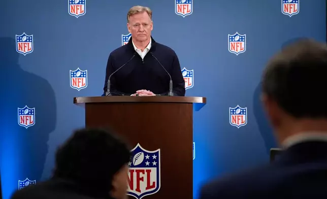 NFL commissioner Roger Goodell speaks during a news conference at the NFL owners' meetings Wednesday, Oct. 21, 2026, in New York. (AP Photo/Yuki Iwamura)