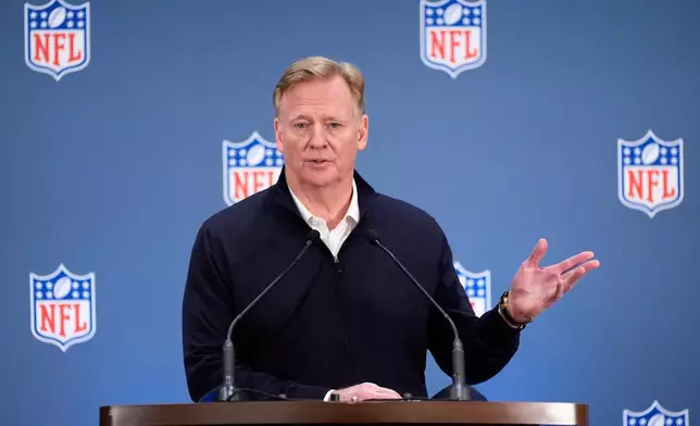NFL commissioner Roger Goodell speaks during a news conference at the NFL owners' meetings Wednesday, Oct. 21, 2026, in New York. (AP Photo/Yuki Iwamura)