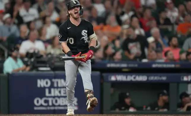 Chicago White Sox's Chase Meidroth (10) celebrates after hitting a 3-run home run during the sixth inning in Game 2 of baseball's American League Wild Card Series against the Houston Astros, Wednesday, Sept. 30, 2026, in Houston. (AP Photo/Karen Warren)