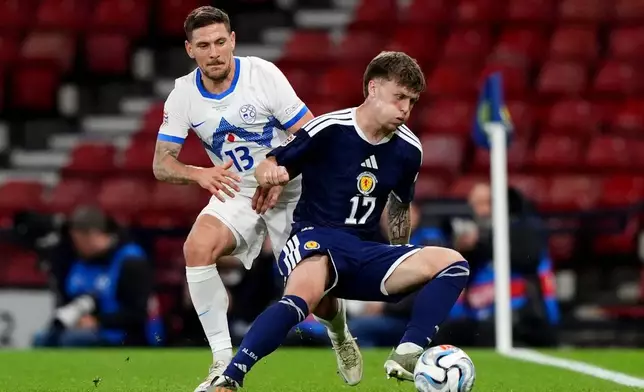 Slovenia's Erik Janza, left, and Scotland's Ben Gannon-Doak battle for the ball during the Nations League soccer match between Scotland and Slovenia in Glasgow, Scotland, Tuesday Oct. 6, 2026. (Andrew Milligan/PA via AP)