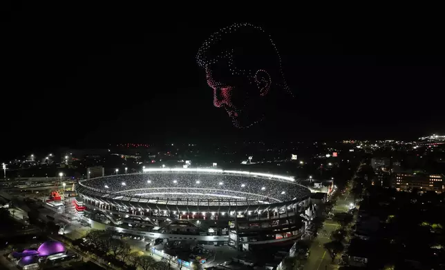 A drone display featuring Argentina's Lionel Messi is seen at the end of his final match for the national team, a soccer friendly against Benin, in Buenos Aires, Argentina, Tuesday, Oct.6, 2026. (AP Photo/Julian Bongiovanni)