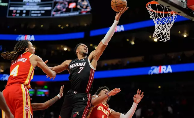 Miami Heat forward Giannis Antetokounmpo (7) shoots against Atlanta Hawks forward Jalen Johnson (1) during the second half of an NBA basketball game, Wednesday, Oct. 28, 2026, in Atlanta. (AP Photo/Mike Stewart)