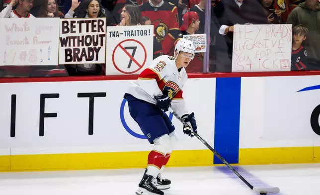 Florida Panthers' Brady Tkachuk (8) skates during warmups prior to an NHL hockey game against the Ottawa Senators in Ottawa, on Wednesday, Oct. 21, 2026. (Keito Newman/The Canadian Press via AP)