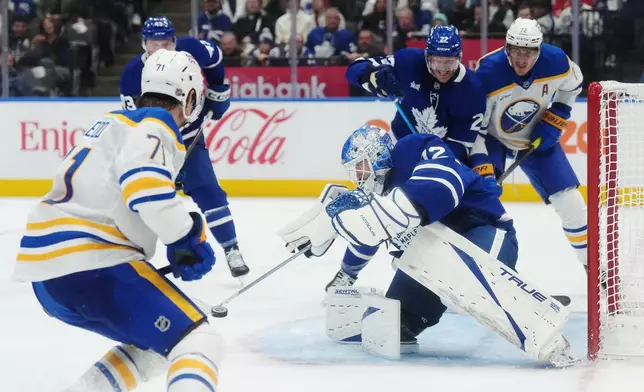 Toronto Maple Leafs goaltender Sergei Bobrovsky, front right, makes a save against Buffalo Sabres' Ryan McLeod (71) during the third period of an NHL hockey game in Toronto, Thursday, Oct. 15, 2026. (Nathan Denette/The Canadian Press via AP)