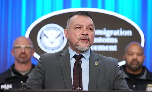 Marcos Charles, ICE Enforcement and Removal Operations (ERO) Executive Associate Director, speaks during a news conference at ICE Headquarters, Friday, Oct. 9, 2026, in Washington. (AP Photo/Jacquelyn Martin)