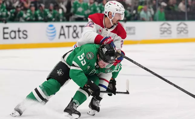 Montréal Canadiens' Chris Kreider (22) and Dallas Stars' Thomas Harley (55) compete in the first period of an NHL hockey game in Dallas, Thursday Oct. 29, 2026. (AP Photo/Tony Gutierrez)