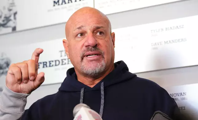 Mike Pettine, the Dallas Cowboys senior defensive assistant responds to questions during a news conference after a practice at the NFL football team's headquarters, Friday, Oct. 16, 2026, in Frisco, Texas. (AP Photo/Tony Gutierrez)
