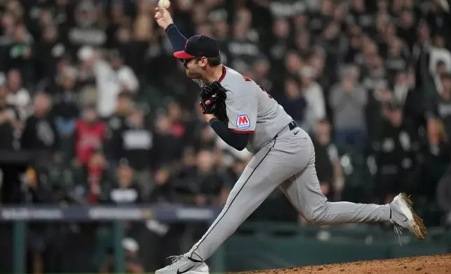 Cleveland Guardians relief pitcher Gavin Williams delivers during the ninth inning in Game 4 of baseball's American League Division Series against the Chicago White Sox, Thursday, Oct. 8, 2026, in Chicago. (AP Photo/Nam Huh)