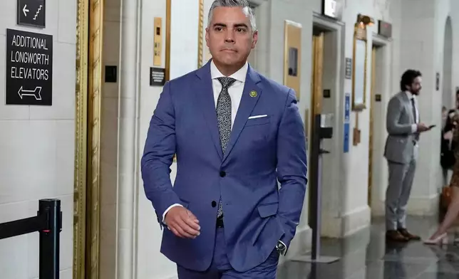 FILE - Rep. Juan Ciscomani, R-Ariz., arrives for a House Republican caucus meeting at the Capitol, Oct. 13, 2023. (AP Photo/Mariam Zuhaib, File)