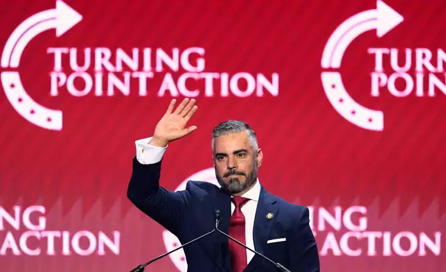 FILE - Rep. Juan Ciscomani, R-Ariz., waves after speaking at a Turning Point USA event, April 17, 2026, in Phoenix. (AP Photo/Ross D. Franklin, File)