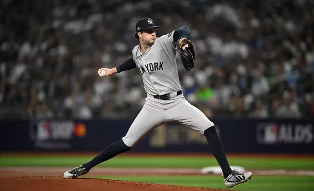 New York Yankees starting pitcher Cam Schlittler throws during the first inning in Game 2 of an American League Division Series baseball game against the Tampa Bay Rays Monday, Oct. 5, 2026, in St. Petersburg, Fla. (AP Photo/Phelan Ebenhack)