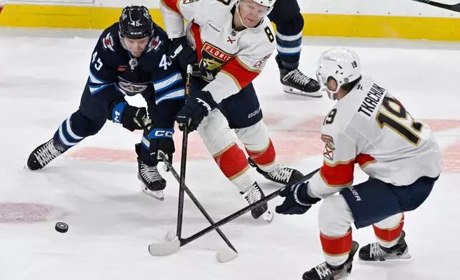 Winnipeg Jets' Cole Koepke (45) battles for the puck against Florida Panthers' Brady Tkachuk (8) and Matthew Tkachuk (19) during third period NHL action in Winnipeg on Tuesday, Oct. 27, 2026. (Fred Greenslade/The Canadian Press via AP)