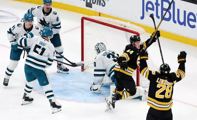 Boston Bruins forward James Hagens (44) celebrates after scoring a third-period goal during an NHL hockey game against the San Jose Sharks, Saturday, Oct. 24, 2026, in Boston. (AP Photo/Jim Davis)