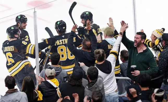 Boston Bruins winger David Pastrnak (88) celebrates with teammates as fans react after he scored a third-period goal during an NHL hockey game against the San Jose Sharks, Saturday, Oct. 24, 2026, in Boston. (AP Photo/Jim Davis)