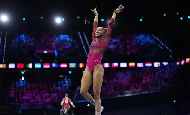 Skye Blakely, of the United States, competes in the vault during the women's all-around final at the Artistic Gymnastics World Championships in Rotterdam, the Netherlands, Friday, Oct. 23, 2026. (AP Photo/Patrick Post)