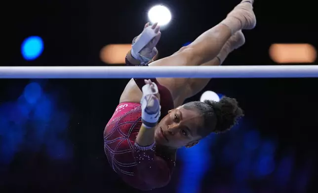 Skye Blakely, of the United States, competes in the the uneven bars during the women's all-around final at the Artistic Gymnastics World Championships in Rotterdam, the Netherlands, Friday, Oct. 23, 2026. (AP Photo/Francisco Seco)