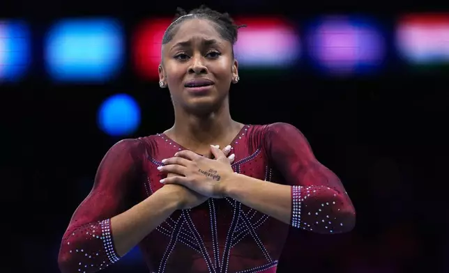 Skye Blakely, of the United States, reacts after competing in the floor exercise during the women's all-around final at the Artistic Gymnastics World Championships in Rotterdam, the Netherlands, Friday, Oct. 23, 2026. (AP Photo/Francisco Seco)