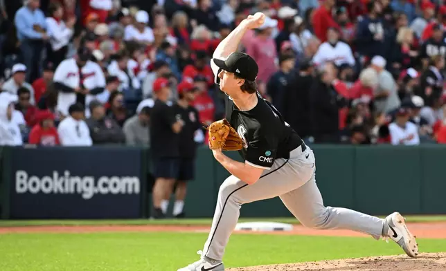 Chicago White Sox relief pitcher Grant Taylor throws against the Cleveland Guardians during the sixth inning in Game 1 of baseball's American League Division Series, Saturday, Oct. 3, 2026, in Cleveland. (AP Photo/Phil Long)
