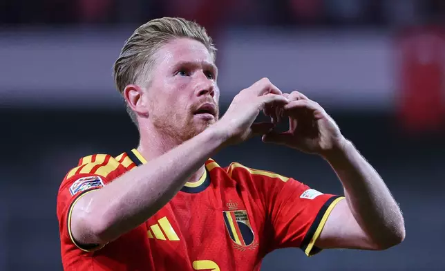 Belgium's Kevin De Bruyne celebrates after scoring his side's second goal during the Nations League soccer match between Belgium and Turkey in Liege, Belgium, Friday, Oct. 2, 2026. (AP Photo/Omar Havana)
