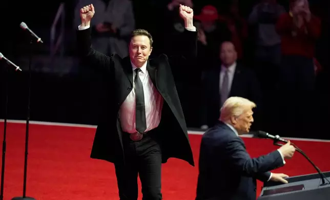 FILE - Elon Musk reacts as President-elect Donald Trump speaks at a rally ahead of the 60th Presidential Inauguration, Jan. 19, 2025, in Washington. (AP Photo/Alex Brandon, File)