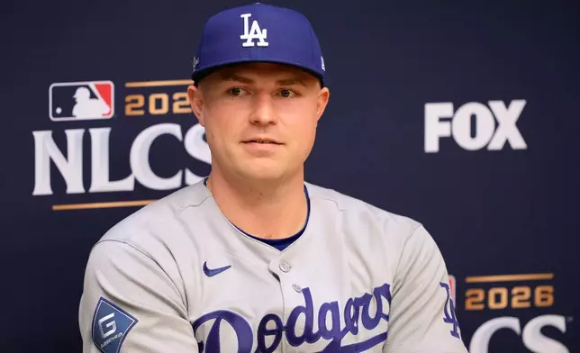 Los Angeles Dodgers pitcher Tarik Skubal talks to reporters ahead of Game 1 of baseball's National League Championship Series between the Milwaukee Brewers and the Los Angeles Dodgers, Saturday, Oct. 10, 2026, in Milwaukee. (AP Photo/Kyla Wolf)