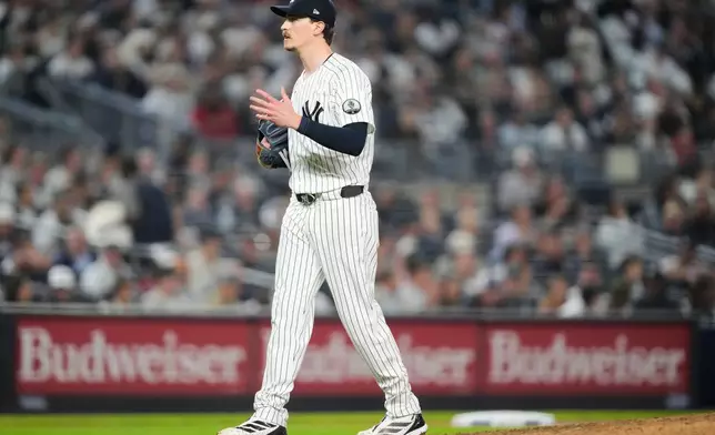 New York Yankees starting pitcher Max Fried reacts during the fifth inning in Game 2 of baseball's American League Wild Card Series against the Boston Red Sox, Wednesday, Sept. 30, 2026, in New York. (AP Photo/Yuki Iwamura)