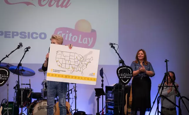 Former Dallas County Commissioner Maurine Dickey, founder of The Dickey Foundation, presents a map illustrating the impact of funds raised to support first responders during the Foundation’s fifth annual Denim & Diamonds fundraiser in Dallas on October 22, 2026.
