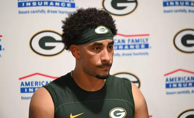 Green Bay Packers quarterback Jordan Love speaks following an NFL football game against the Tampa Bay Buccaneers in Tampa, Fla., Wednesday, Sept. 30, 2026. (AP Photo/Jason Behnken)
