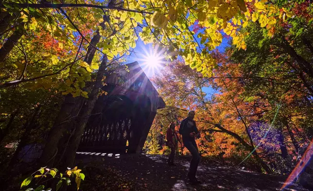 A couple walks through colorful foliage after walking across a covered bridge spanning the Contoocook River, Thursday, Oct. 15, 2026, in Henniker, N.H. (AP Photo/Charles Krupa)