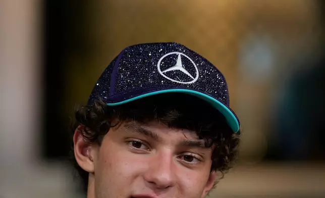 Mercedes driver Andrea Kimi Antonelli of Italy reacts during an interview ahead of the Singapore Formula One Grand Prix weekend at the Marina Bay Street Circuit in Singapore, Thursday, Oct. 8, 2026. (AP Photo/Ng Han Guan)