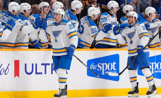 St. Louis Blues right wing Jimmy Snuggerud (21) celebrates his goal with teammates during the second period of an NHL hockey game against the Nashville Predators, Saturday, Oct. 17, 2026, in Nashville, Tenn. (AP Photo/George Walker IV)