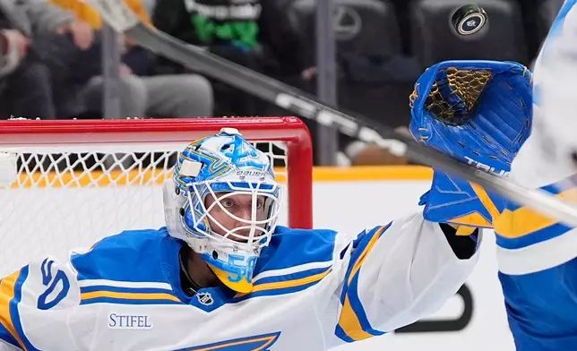 St. Louis Blues goaltender Jordan Binnington (50) defends the goal during the second period of an NHL hockey game against the Nashville Predators, Saturday, Oct. 17, 2026, in Nashville, Tenn. (AP Photo/George Walker IV)