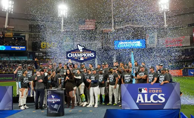 The Tampa Bay Rays base after winning Game 6 of an American League Championship Series baseball game against the Cleveland Guardians in St. Petersburg, Fla. Monday, Oct. 19, 2026. (AP Photo/David J. Phillip)