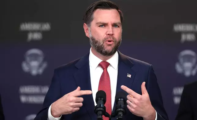 Vice President JD Vance speaks during a news conference on the Fraud Task Force inside the Eisenhower Executive Office Building on the White House campus, Thursday, Oct. 8, 2026, in Washington. (AP Photo/Tom Brenner)
