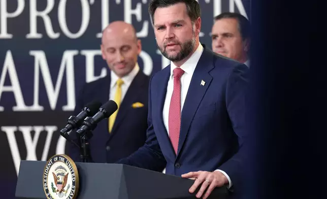 Vice President JD Vance speaks during a news conference on the Fraud Task Force inside the Eisenhower Executive Office Building on the White House campus, Thursday, Oct. 8, 2026, in Washington. (AP Photo/Tom Brenner)