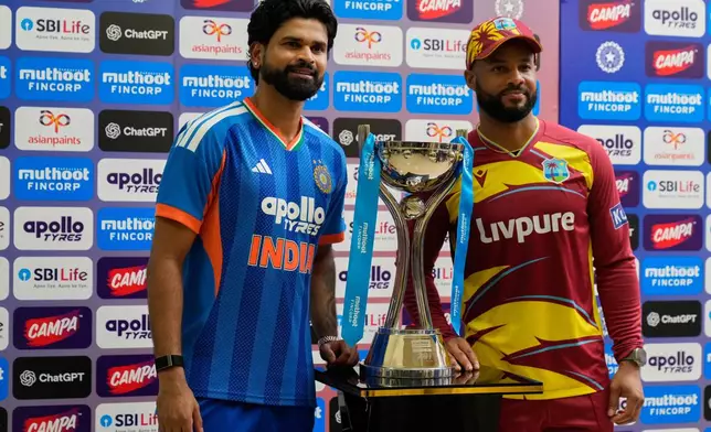 India's captain Shreyas Iyer and West Indies' captain Shai Hope, right, pose with the winners' trophy after the five-match T20 cricket series between the two countries concluded in a draw, in Bengaluru, India, Saturday, Oct. 17, 2026. (AP Photo/Aijaz Rahi)