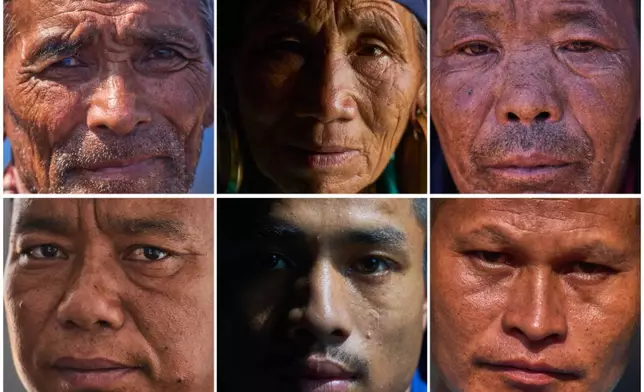 This combination of six posed photographs shows, clockwise from top left, Birbal Tamang, Nima Choying Tamang, Kancha Ghale, Norchi Ghale, Buddha Tamang, and Chheku Lama, all survivors of Nepal's 2015 earthquake and the flash floods in August this year, in Nepal's Nuwakot district, Sept. 23, 2026. (AP Photo/Niranjan Shrestha)