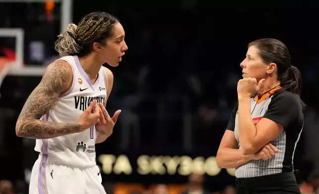 Golden State Valkyries forward Gabby Williams (1) talks with a referee during the second half of Game 3 of the WNBA basketball finals against the Atlanta Dream on Wednesday, Oct. 21, 2026, in Atlanta. (AP Photo/Brynn Anderson)