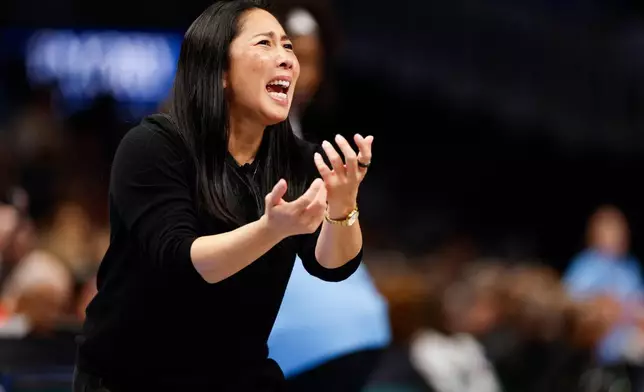 Golden State Valkyries head coach Natalie Nakase reacts during the second half of Game 3 of the WNBA basketball finals against the Atlanta Dream Wednesday, Oct. 21, 2026, in Atlanta. (Santiago Mejia/San Francisco Chronicle via AP)