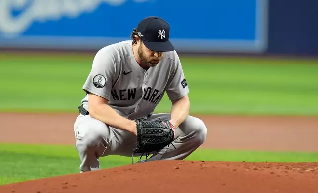 New York Yankees starter Gerrit Cole prepares to pitch against the Tampa Bay Rays during the first inning of Game 1 of an American League Division Series baseball game Saturday, Oct. 3, 2026, in St. Petersburg, Fla. (AP Photo/Chris O'Meara)