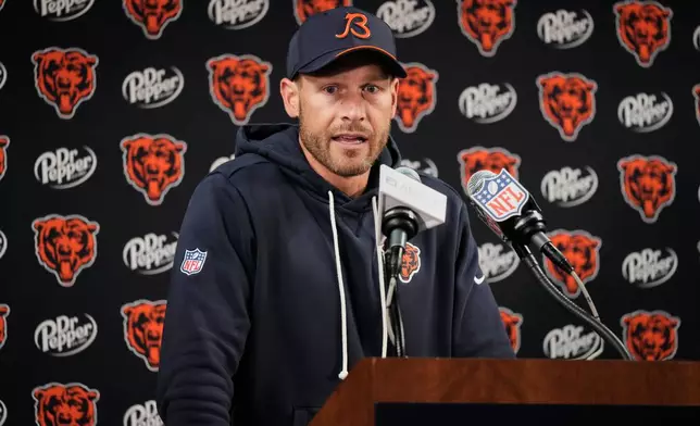 Chicago Bears head coach Ben Johnson responds to a question during a news conference after an NFL football game against the New England Patriots in Chicago, Thursday, Oct. 22, 2026. (AP Photo/Nam Y. Huh)