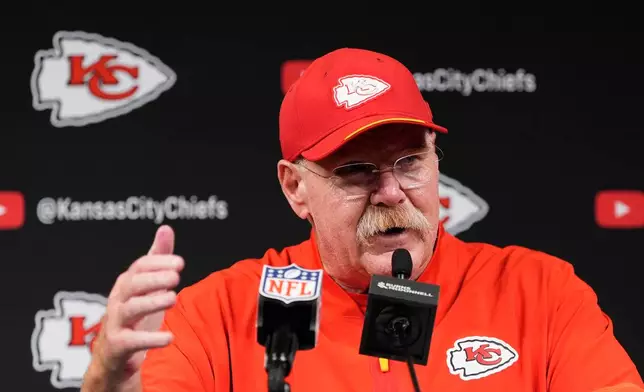 Kansas City Chiefs head coach Andy Reid speaks during a news conference after an NFL football game against the Las Vegas Raiders in Las Vegas, Sunday, Oct. 4, 2026. (AP Photo/John Locher)