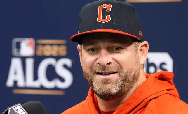 Cleveland Guardians manager Stephen Vogt addresses the media before practice in a baseball American League Championship Series against the Tampa Bay Rays Sunday, Oct. 11, 2026, in St. Petersburg, Fla. (AP Photo/Chris O'Meara)