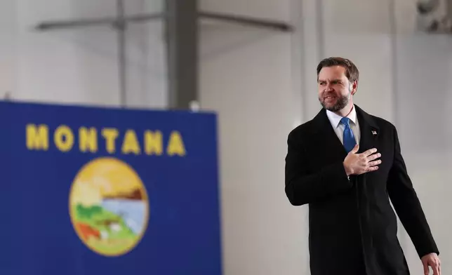 Vice President JD Vance reacts after speaking at a campaign rally at Bozeman Yellowstone International Airport, Monday, Oct. 26, 2026, in Belgrade, Mont. (Finn Gomez/Pool Photo via AP)